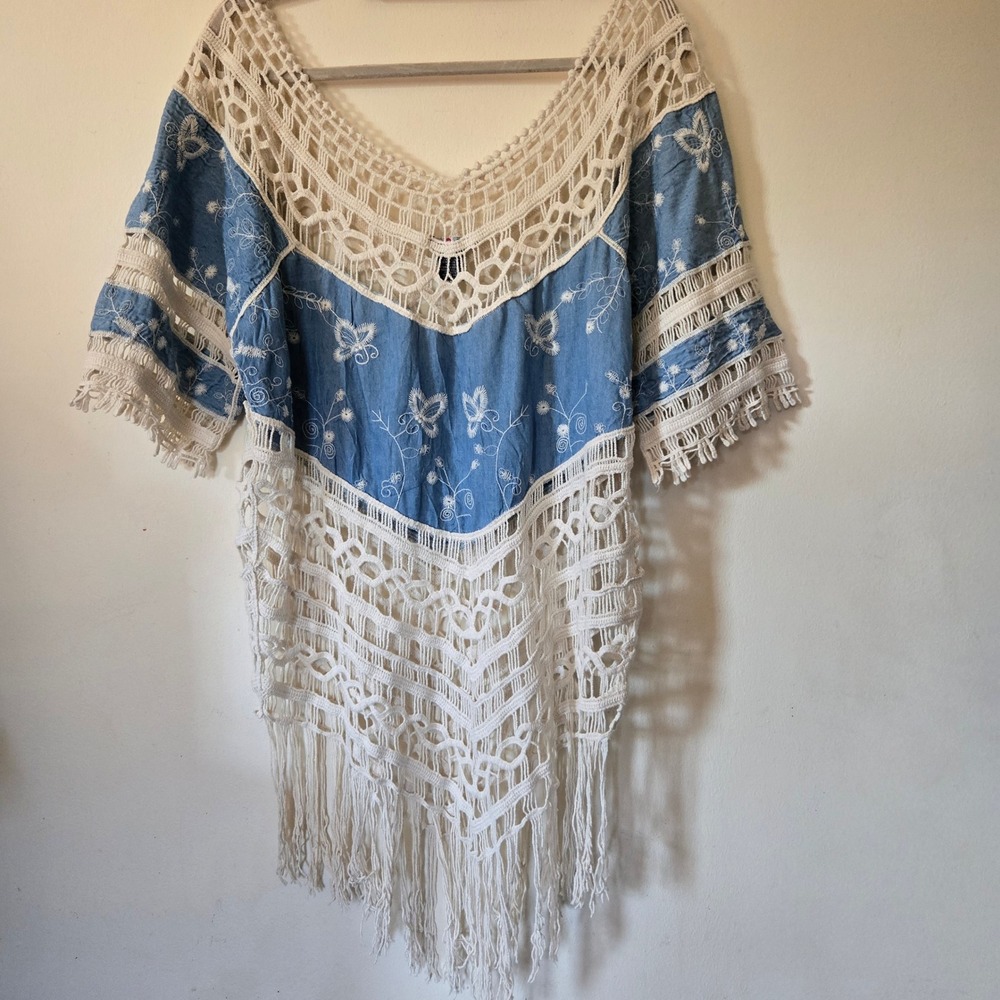Cacia Womens 1X Boho Swim Coverup Blue Crochet Butterfly Embroidered Fringe - Picture 6 of 7